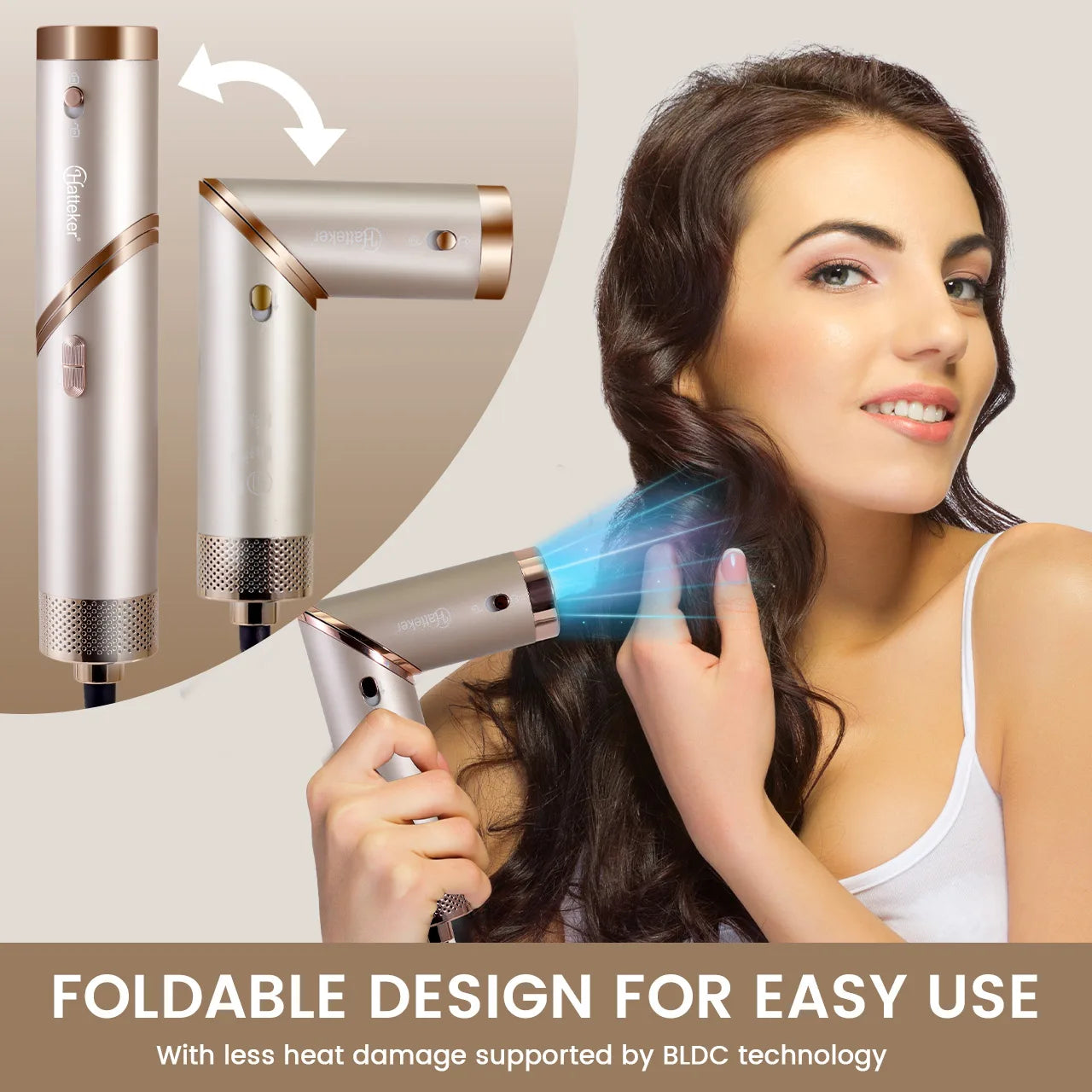 Secador de pelo plegable Hatteker para mujer, cepillo de aire caliente multifunción, estilizador de pelo liso y rizado, secador de viaje ligero