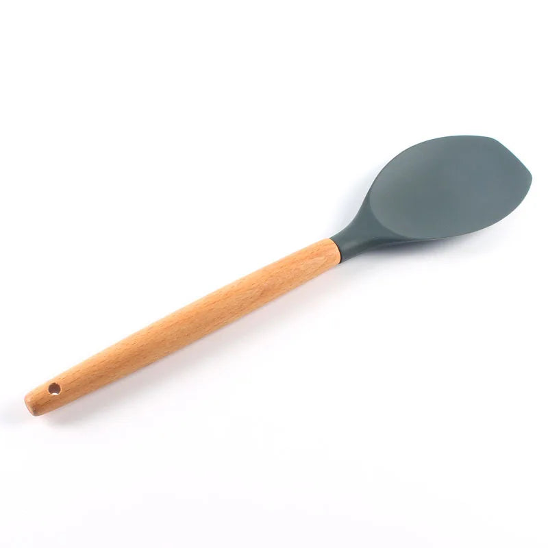 Juego de 12 utensilios de cocina de silicona con mango de madera, espátula antiadherente, cuchara para sopa y freír