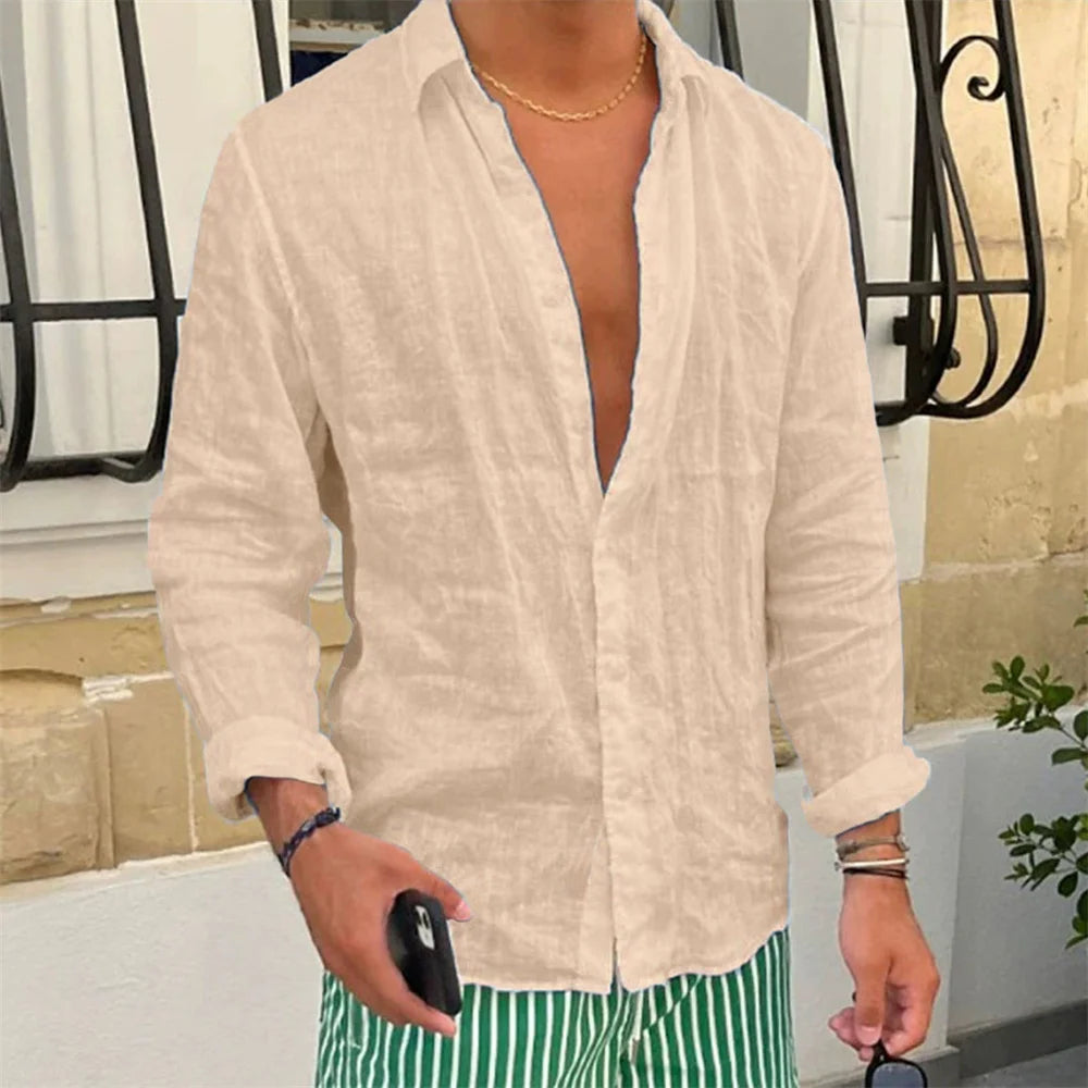 Camisa de lino y algodón para hombre, Tops informales de manga larga de Color sólido con solapa ajustada, estilo Simple, transpirables con botones, primavera y otoño