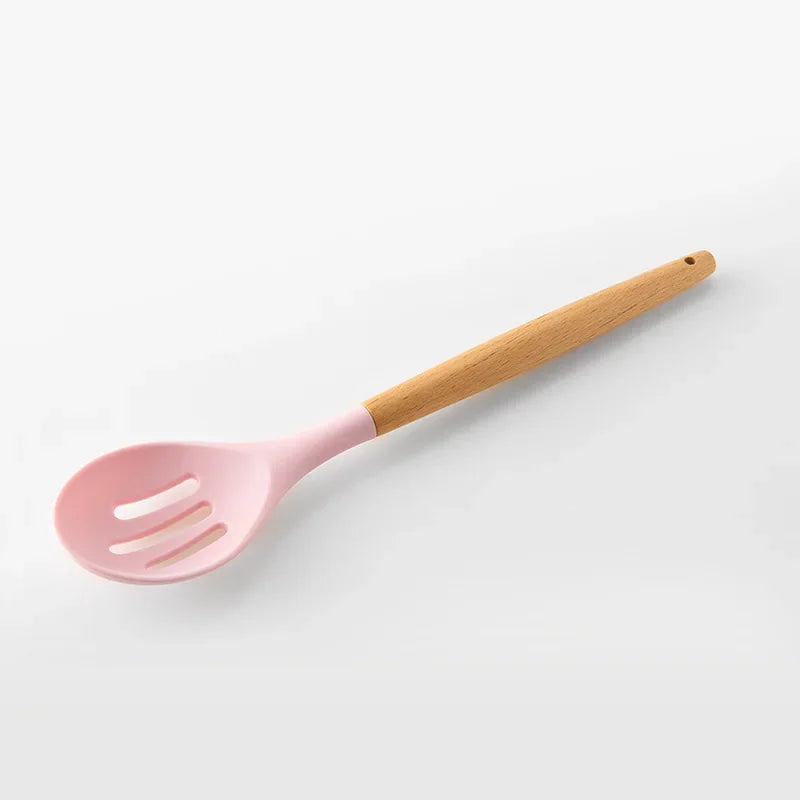 Utensilios de cocina de silicona con mango multifunción de madera, espátula antiadherente, cucharón, batidor de huevos, pala, rosa, nuevo