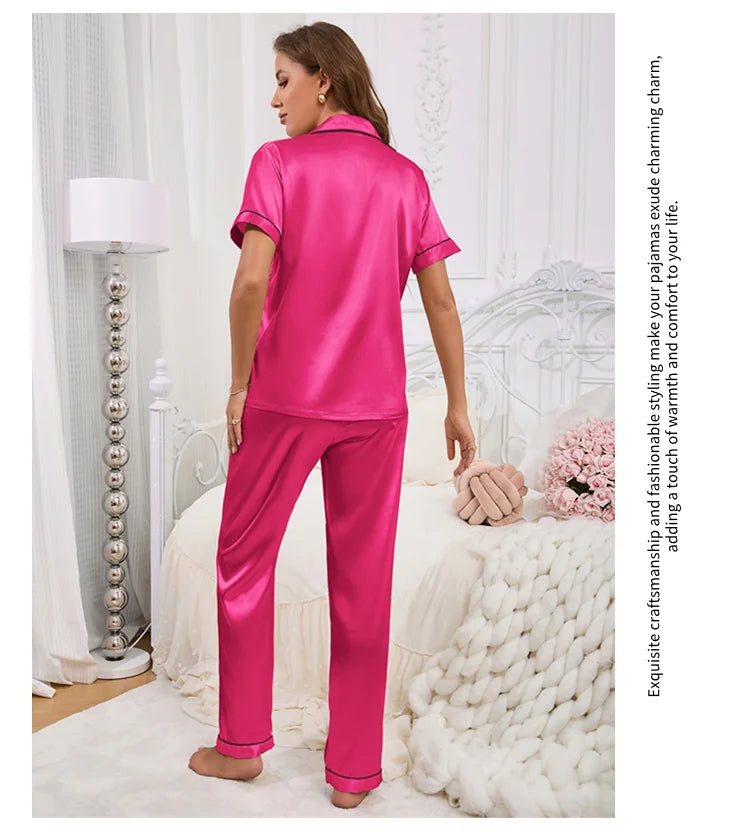 Conjunto de pijama para mujer, ropa para el hogar, camisa de manga corta de satén con pantalones, ropa de dormir, conjunto de 2 piezas, pijama bordado en forma de corazón