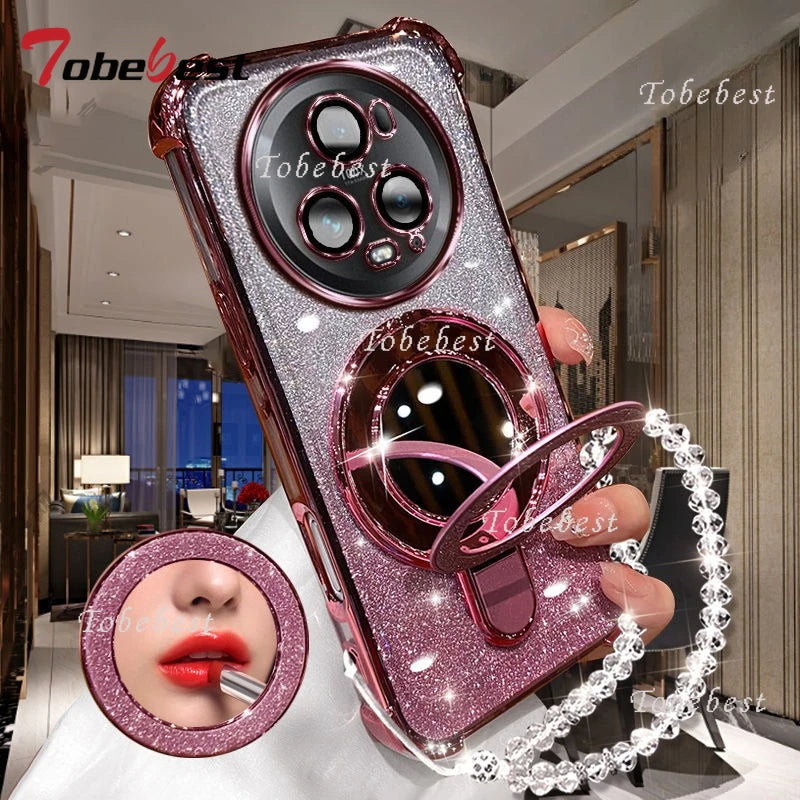 Para Huawei Honor Magic 7 Lite 6 5 4 3 Pro funda con brillo chapado espejo de maquillaje soporte magnético para teléfono funda de pulsera