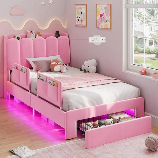 Cama de princesa tamaño twin con cajones de almacenamiento, barandillas de seguridad, plataforma tapizada en terciopelo con luces LED, cabecero ondulado con almacenamiento para niñas