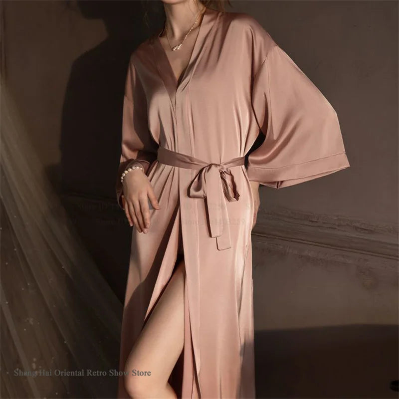 Elegante Conjunto de Bata Larga para Mujer, Lencería Sexy, Ropa de Dormir, Kimono Holgado, Bata de Baño, Vestido de Casa de Satén Sedoso, Ropa de Estar