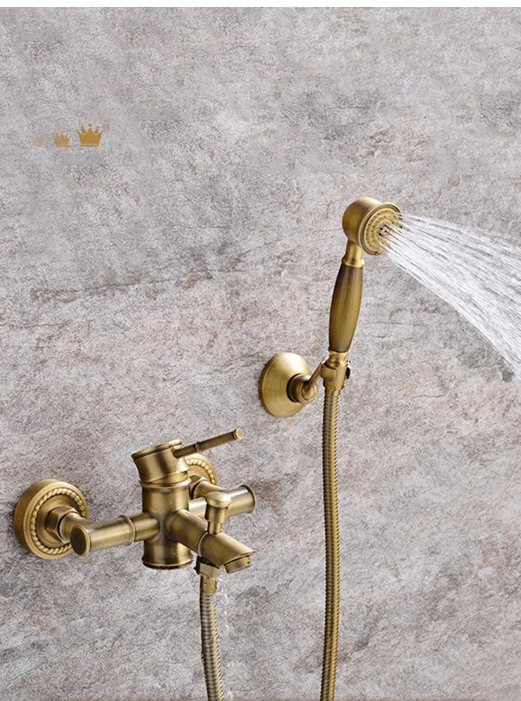 Grifo de ducha de baño antiguo, mezclador de bañera caliente y fría, grifo de grúa, montaje en pared, Material de latón, juego de baño de Bambú