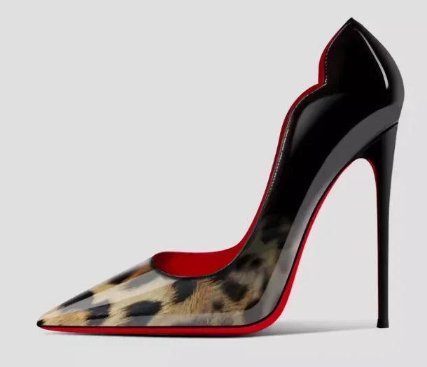 Nuevos tacones altos negros puntiagudos de 12 cm para mujer, tacones delgados con temperamento sexy, boca poco profunda, zapatos individuales con suela roja 34-46