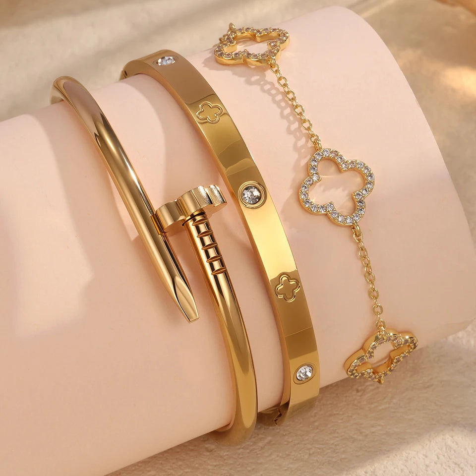 Pulsera de Acero Inoxidable Chapada en Oro con Cuatro Flores Apiladas, Brazaletes Brillantes con Circonita, Regalo de Joyería para Parejas