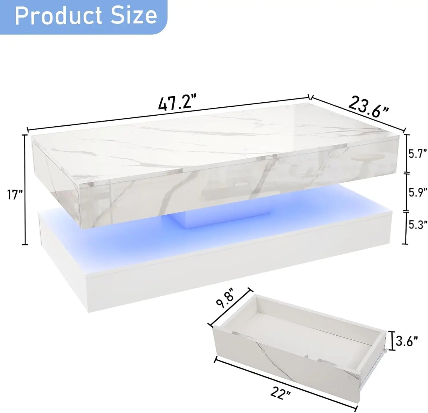 Mesa de Centro Moderna y Elegante con Luces LED, Diseño de Doble Capa para Sala de Estar con 2 Cajones de Almacenamiento