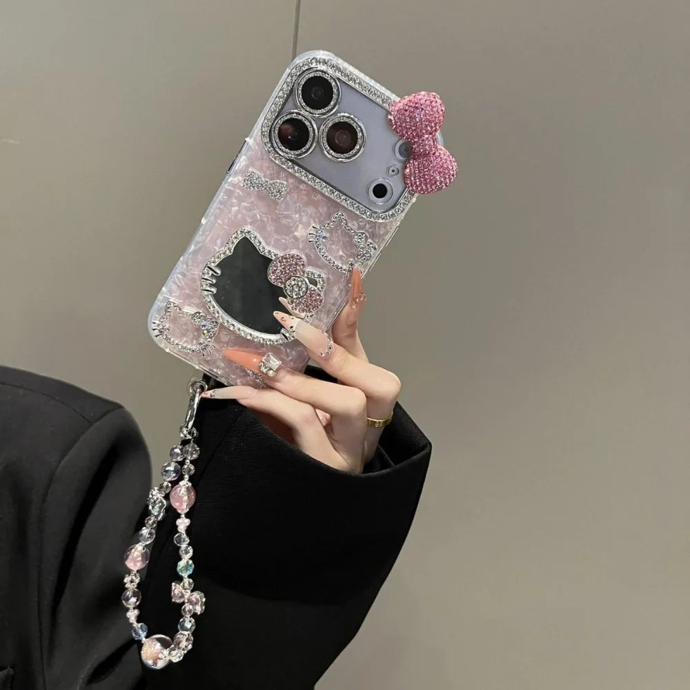 Funda de Teléfono 3D con Diseño de Hello Kitty de Sanrio, con Brillantina, para iPhone 17 16 15 14 13 12 Pro Max, Resistente a Impactos, con Espejo de Maquillaje