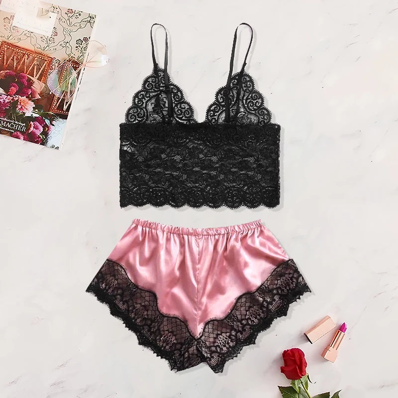 Pijamas transparentes de encaje para mujer, ropa bonita, cómoda y transpirable, conjunto de pantalones cortos con tirantes, color negro y rosa, 2 uds., verano 2024