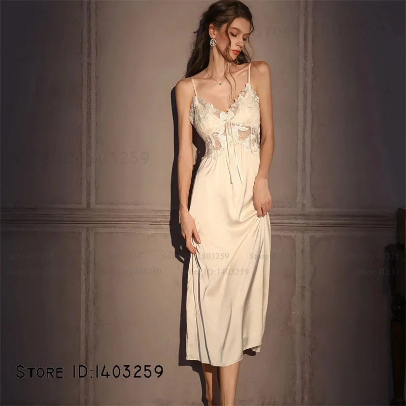 Conjunto de bata larga elegante para mujer, camisón de lencería Sexy, camisón con espalda descubierta, ropa de dormir para el hogar, ropa de dormir de satén de seda