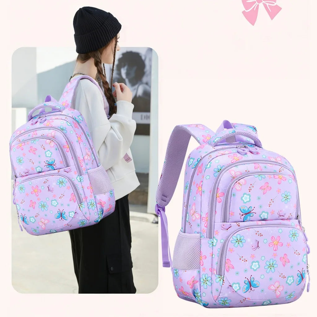 Juego de 3 Piezas de Mochila Escolar para Niños con Estampado de Mariposas y Flores, Resistente al Agua, Ligera, con Lonchera Aislada y Estuche para Lápices