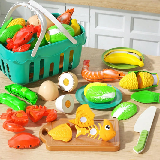 Küchen-Spielset, Schneidespielset, Essensspielzeug, Kochspiele mit Obst, Gemüse und Fast Food für Kleinkinder und Babys, Lernspielzeug für Mädchen und Jungen