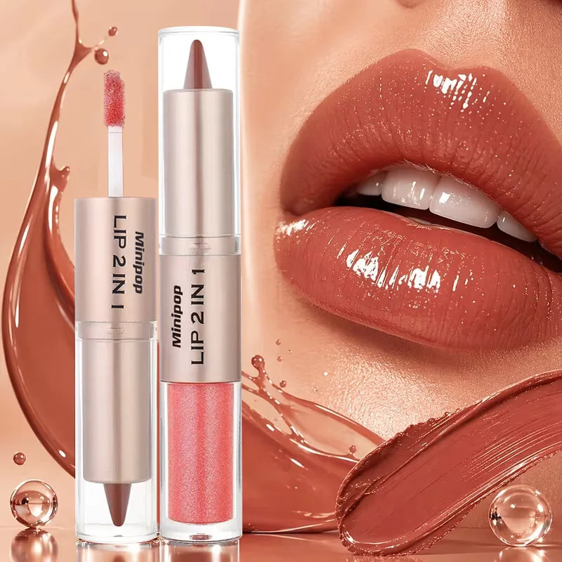 Brillo Labial 2 en 1 de Doble Punta, Delineador y Lápiz Labial, Impermeable, de Larga Duración, Voluminizador, Mate, Hidratante, Brillante, con Tinte Natural