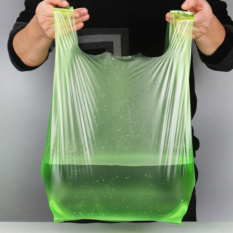 Bolsa de plástico verde de 100 Uds., bolsa de chaleco desechable con asa para cocina, sala de estar, embalaje de alimentos limpios, bolsa de compras para supermercado