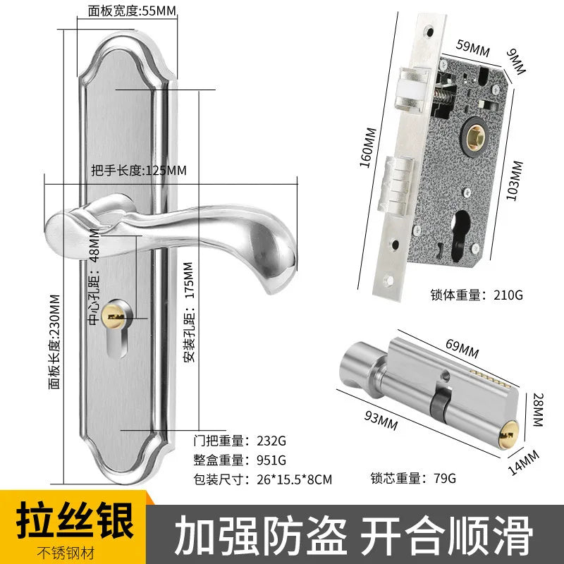Juego de cerradura de puerta de acero inoxidable 304, manija de palanca de puerta Interior silenciosa para dormitorio, baño, manija de prensa, cerradura para puerta de madera maciza