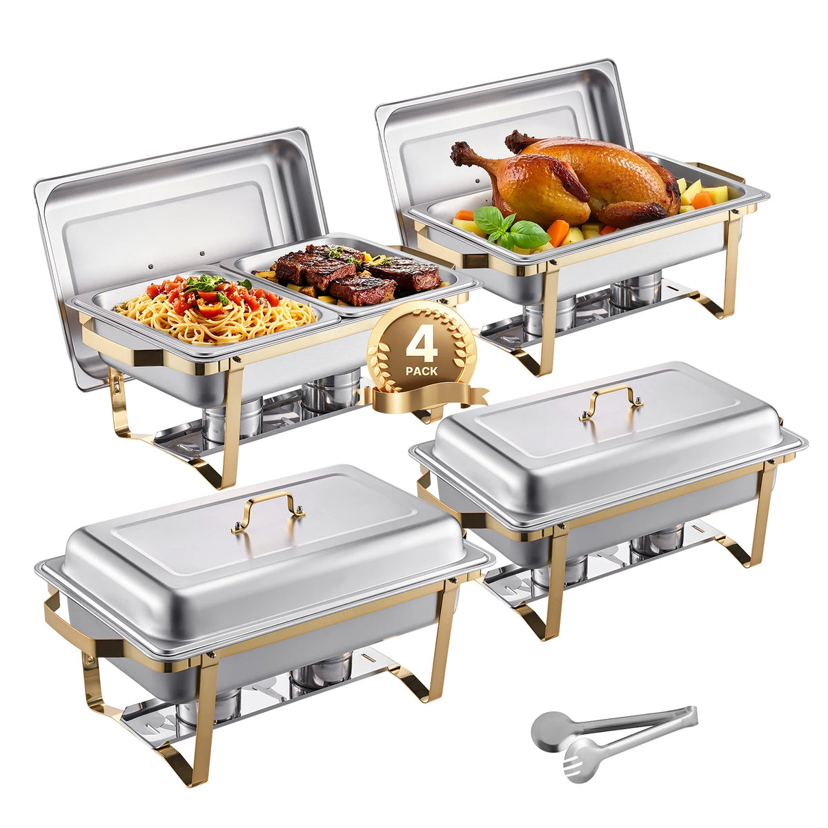 SucceBuy Juego de buffet de plato de frotamiento de 8 cuartos de galón, paquete de 4, chafer de acero inoxidable con 2 sartenes de tamaño completo y 4 tamaño medio, servidor calentador de catering