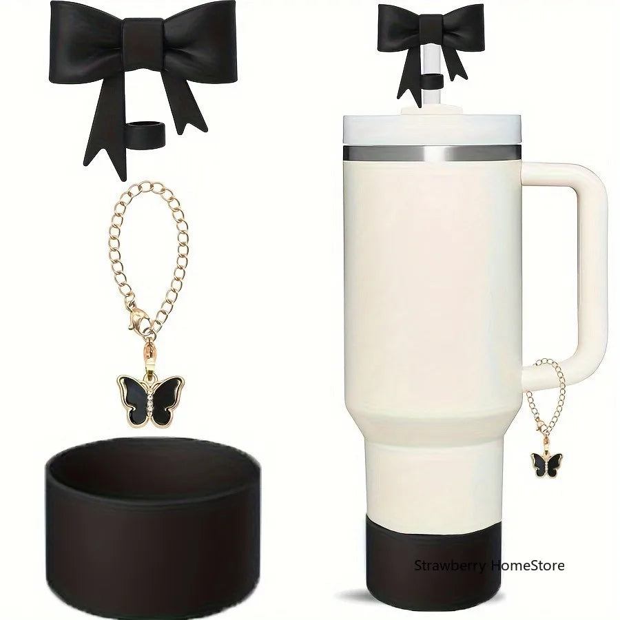 Juego de 3 Cubiertas de Silicona para Vasos con Diseño de Lazo y Cadena de Mariposa Rosa, Accesorios para Vasos de 30/40 oz ﻿