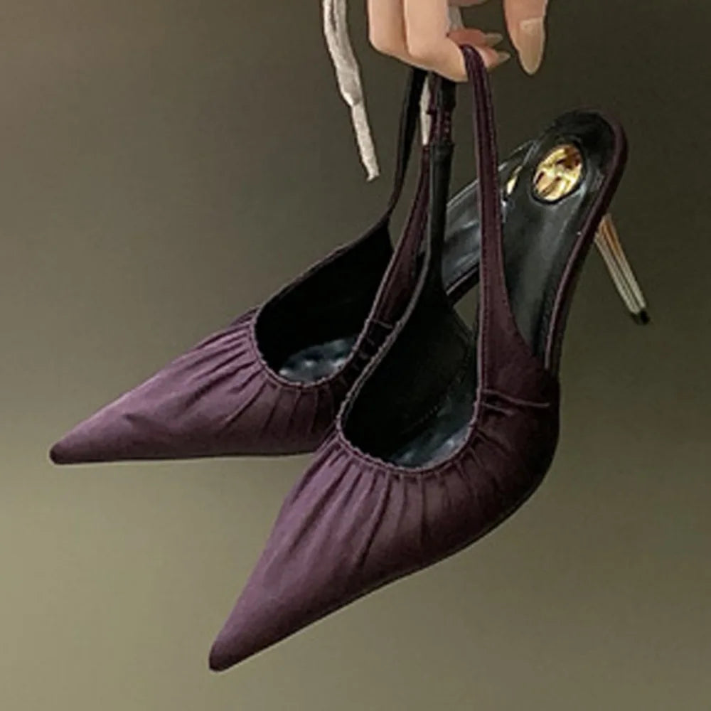 Aneikeh, moda de verano, diseño elegante, satén plisado, puntiagudos, zapatos de tacón con talón descubierto, sandalias sexis para mujer, tacones altos finos, zapatos de banquete