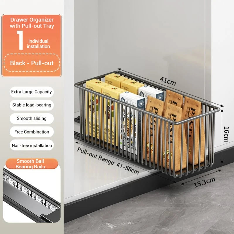 Organizador de gabinete extraíble de 2 piezas, cajones deslizantes de acero al carbono, estantes deslizantes para despensa, para organización de gabinetes de cocina.