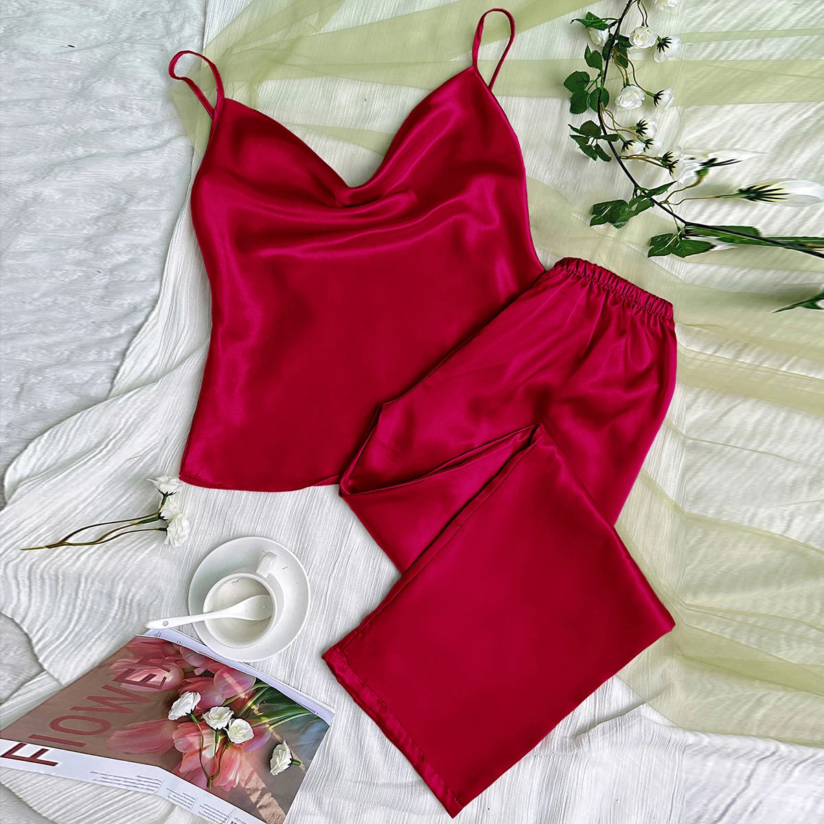 Conjunto de pijama de satén liso con cuello drapeado, Top camisola, pantalones con cintura elástica, ropa de dormir para mujer