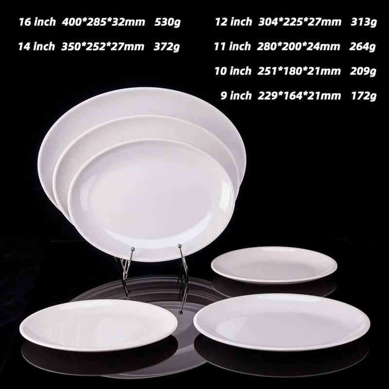 Platos ovalados de melamina blanca de 9-14 pulgadas, juego de cena, plato de porcelana de imitación, bandejas planas para carne, servicio de mesa de cocina y Hotel duradero