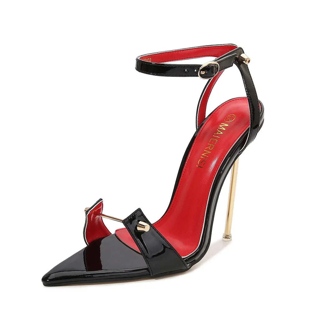 Sandalias de tacón alto con punta estrecha y decoración de Metal para mujer, zapatos de tacón súper alto con correa y hebilla de PU, zapatos de tacón para actuación en escenario de 12cm