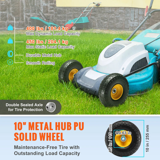 SucceBuy Paquete de 2 ruedas de neumáticos planos sólidos de PU, neumáticos y ruedas sin cámara planos de 10 "para remolques de jardín Dollies, varios carritos
