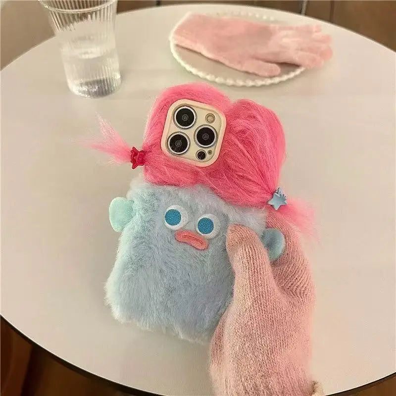Fundas de teléfono de dibujos animados 3D divertidas de felpa para iPhone 17 Pro Max, funda 17air 16 Plus 15 14 13 12 11, funda protectora suave peluda DIY