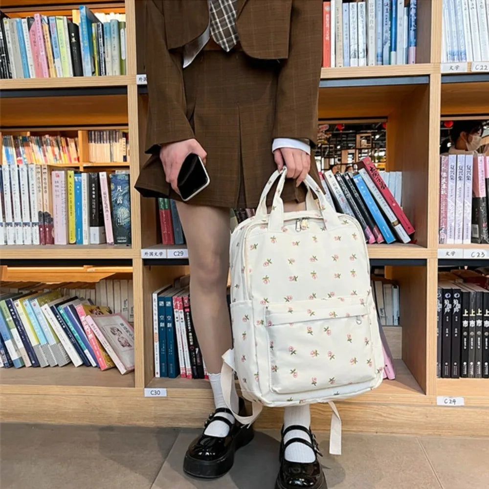 Mochila de moda de gran capacidad para mujer, mochila con estampado de flores y asa para estudiantes, mochila escolar de nailon de estilo japonés para estudiantes