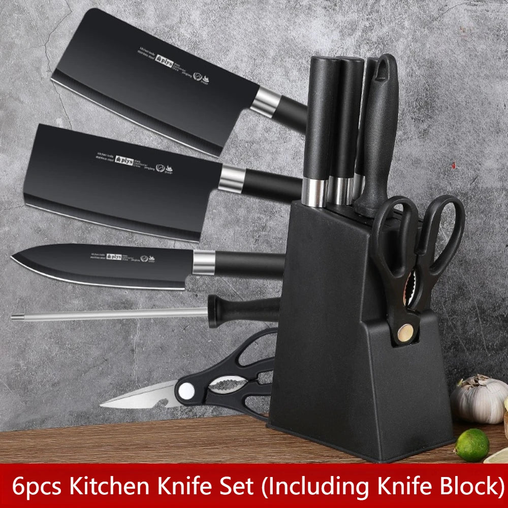 Juego de cuchillos de cocina con soporte para cuchillos, juego de cuchillos de acero negro de alta calidad, cuchillo de regalo, utensilios de cocina de acero inoxidable para el hogar, 6 uds.