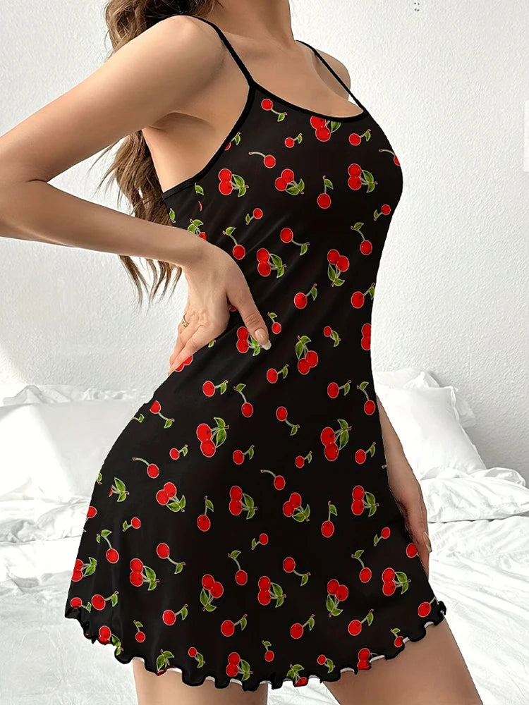 Camisón de satén para mujer, diseño de oso de peluche, mariposa, corazón y estampado floral, sexy, con volantes, para verano