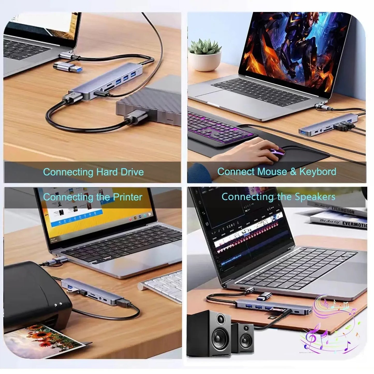 HUB USB 8 en 1 con lector de tarjetas SD/TF, puertos auxiliares de 3,5mm para MacBook Pro Air, PC, portátil y tableta