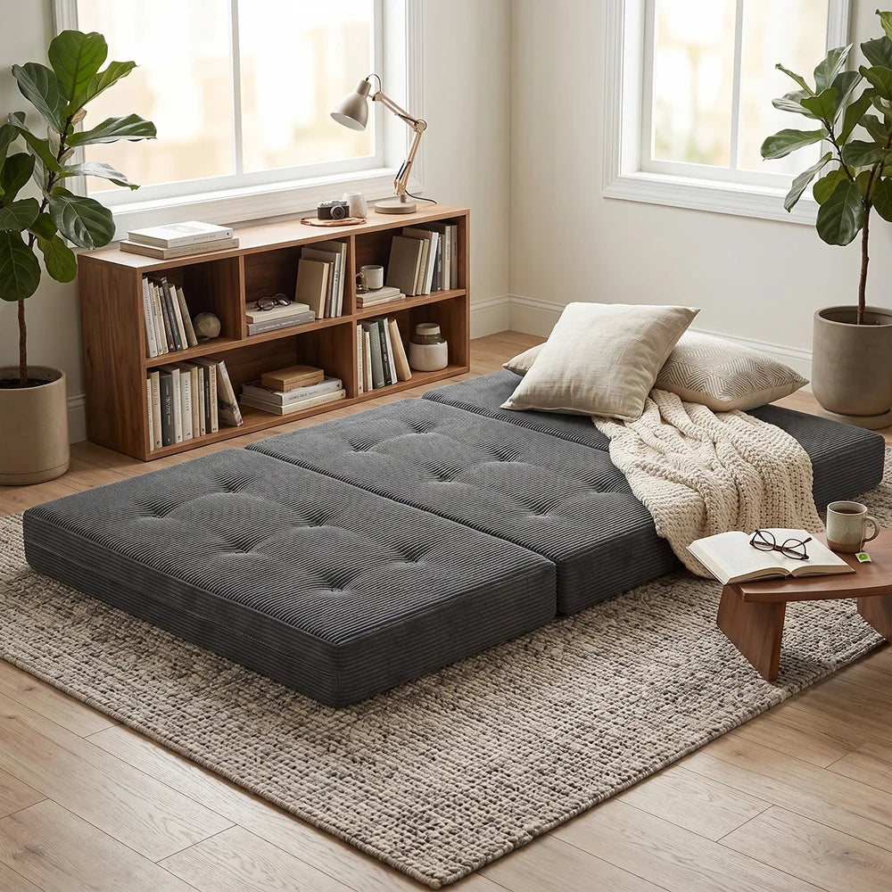 Sofá plegable de pana de tres pliegues, colchón portátil de espuma de alta densidad para invitados, adecuado para sala de estar y dormitorio.