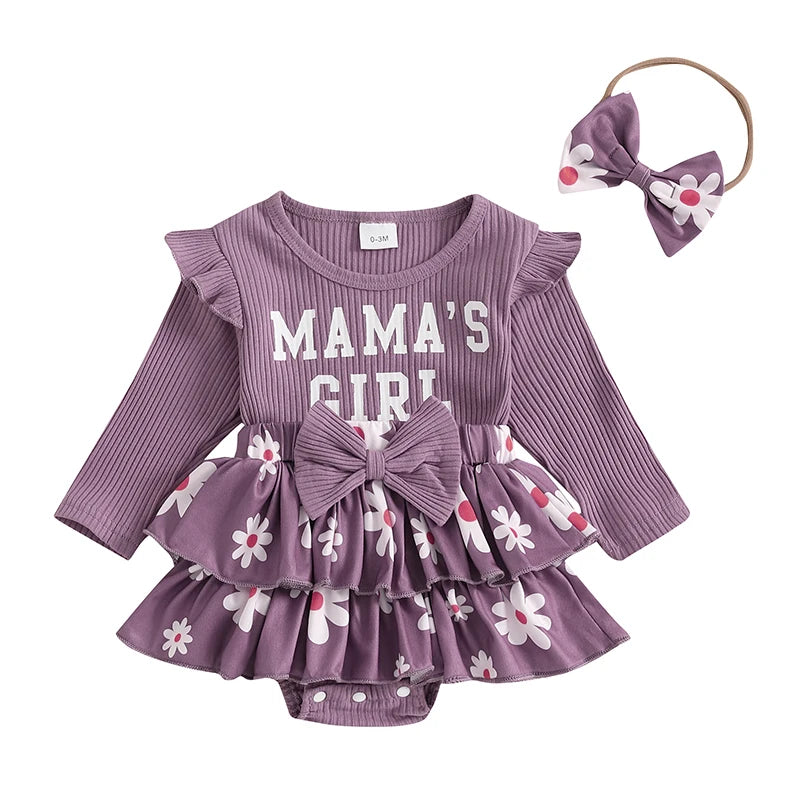 Conjunto de ropa para niña de 0 a 18 meses, pelele con estampado de flores y letras de manga larga, diadema con lazo, conjunto de ropa para niña pequeña
