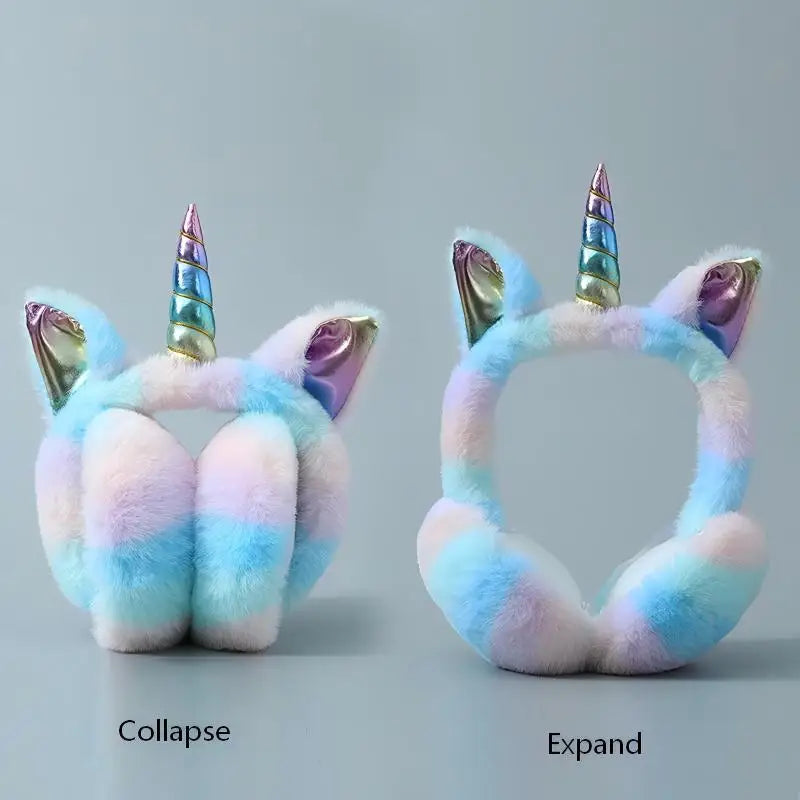 Orejeras de peluche de unicornio arcoíris, plegables, cálidas y portátiles, estilo femenino y lindo, orejeras a prueba de heladas y frío para otoño e invierno, regalo navideño