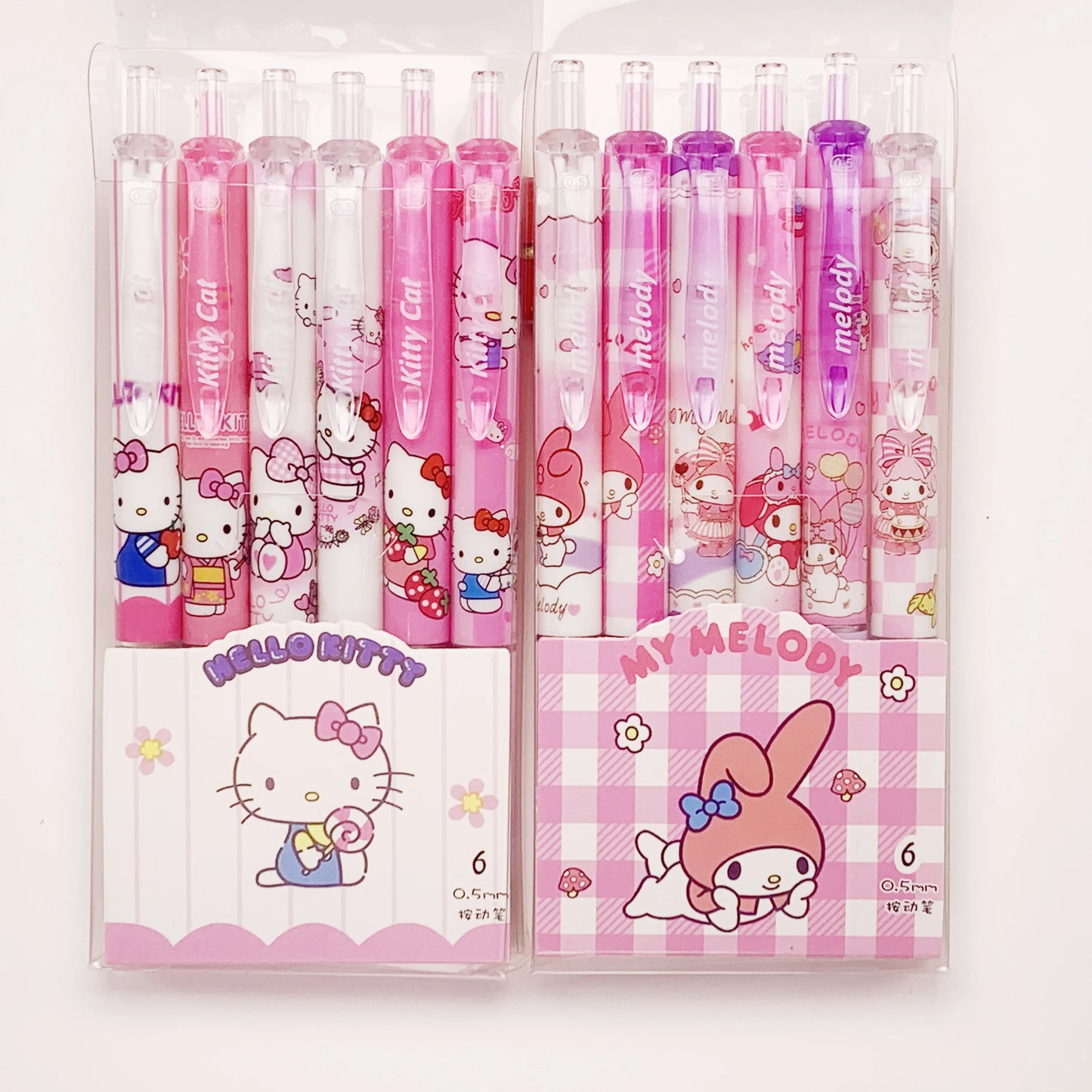 Juego de 6 bolígrafos de gel de alta calidad de Hello Kitty Melody, edición limitada, serie de dibujos animados, negro, 0,5 mm, papelería diaria para estudiantes/oficina