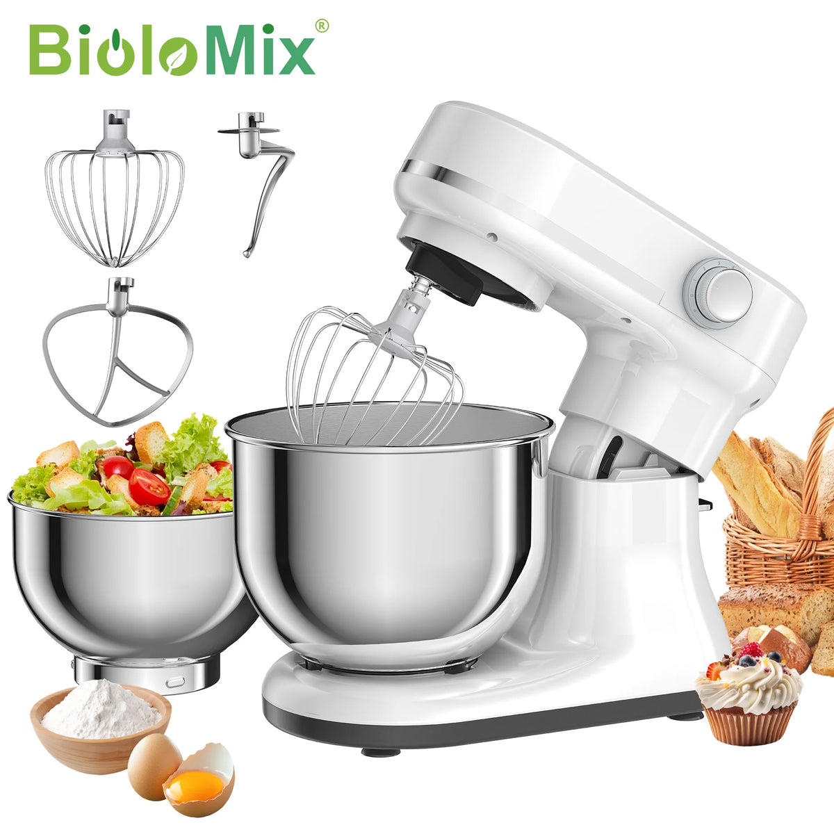 Batidora de Pedestal BioloMix de Doble Tazón y 8 Velocidades – Tazones Intercambiables de 5.5L y 4L, Batidor de Varillas, Gancho Amasador y Batidor Plano