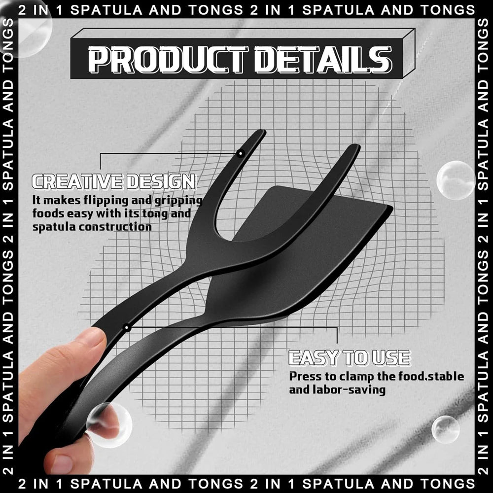 Nueva Espátula 2 en 1 con Pinzas, Espátula para Voltear Huevos, Espátula de Nailon con Revestimiento Antiadherente, Herramienta para Hacer Panqueques, Pescado, Tostadas Francesas y Omelettes