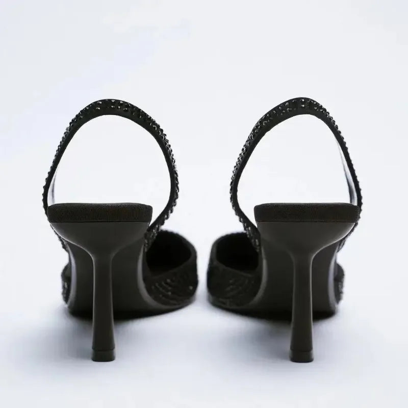 Zapatos de tacón alto 2025, novedad de verano, sandalias de marca para mujer, zapatos de tacón alto con hebilla de cristal a la moda, zapatos dorados elegantes para fiesta para mujer