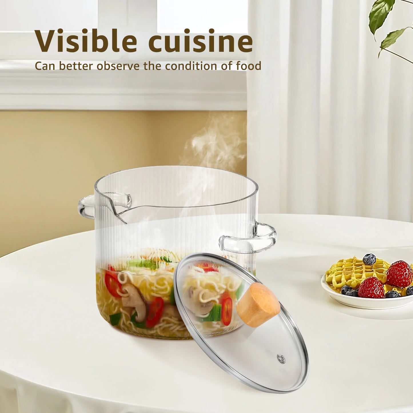 Olla de cocina de vidrio de 1600ML/2300ML, olla de fuego de vidrio de borosilicato transparente con tapa, ollas de estofado multifuncionales para cocinar en la cocina