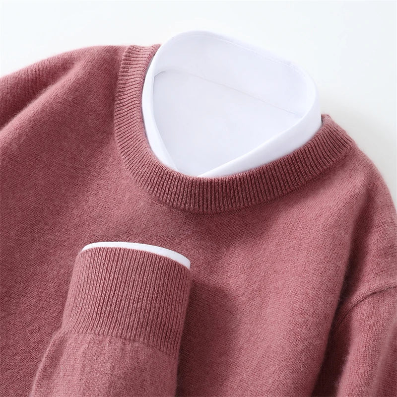 Otoño/Invierno, jersey de cachemira pura de 100% para hombre, suéter de punto liso informal de negocios, Tops sueltos de cuello redondo, jersey grueso y cálido