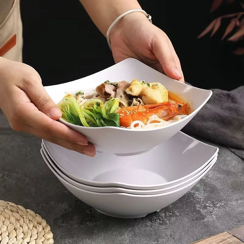 Juego de 4 Platos Hondos de Paja de Trigo Blanca, Imitación Cerámica, Esquinas Cuadradas, Irrompibles, Aptos para Microondas, Platos Sencillos para la Cena