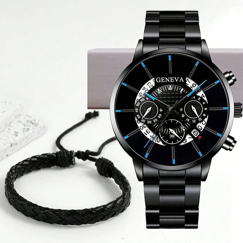 Relojes de acero inoxidable para hombre, reloj de pulsera de cuarzo de lujo, con calendario, de negocios, informal, de cuero, a la moda