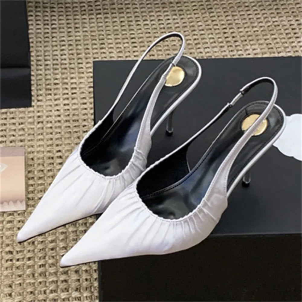 Aneikeh, moda de verano, diseño elegante, satén plisado, puntiagudos, zapatos de tacón con talón descubierto, sandalias sexis para mujer, tacones altos finos, zapatos de banquete