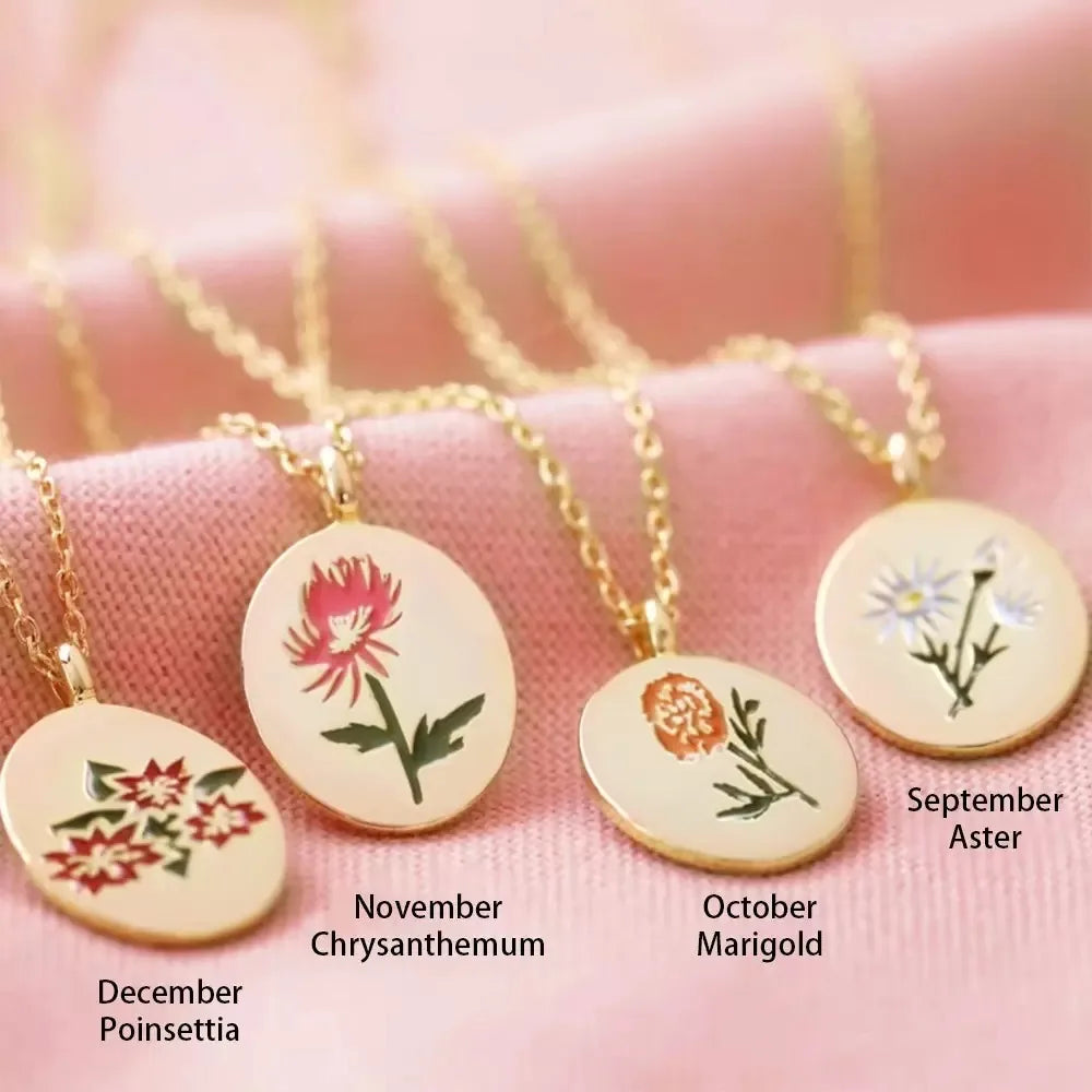 Collar de flores de mes de nacimiento Vintage para mujer, colgante ovalado Floral geométrico de acero inoxidable, cadena de clavícula, joyería para el día de la madre