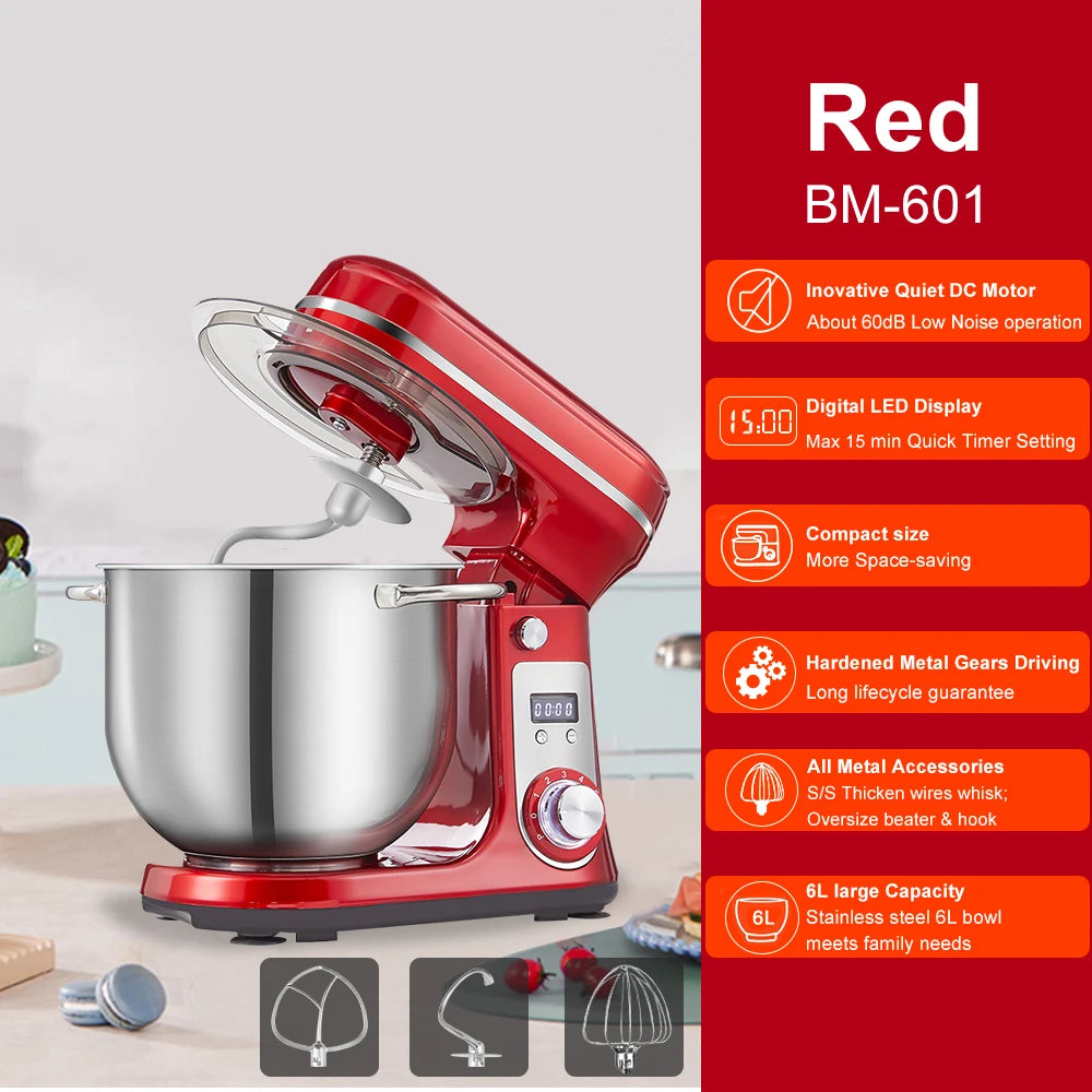 BioloMix Batidora de pie para alimentos de cocina, licuadora, motor silencioso, batidor de huevos y crema, amasadora de masa, 6 velocidades, 1200 W, 6 L, CC
