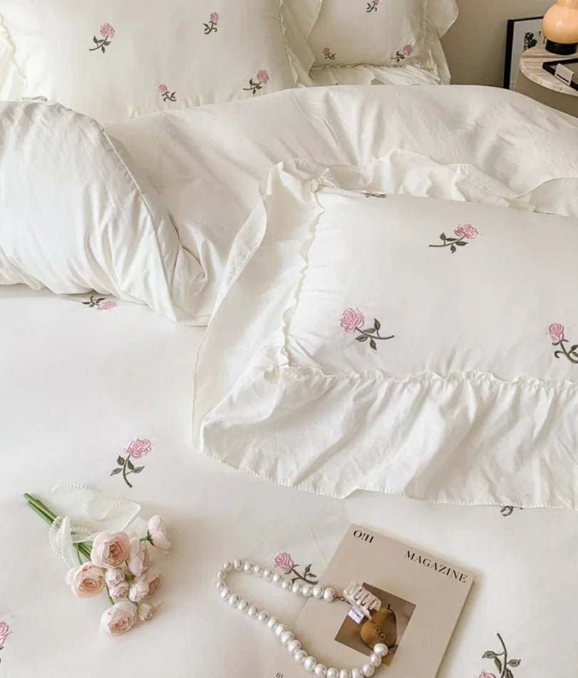 Juego de funda nórdica bordada con rosas de 3 piezas (1 funda nórdica + 2 fundas de almohada, sin núcleo), juego de cama de encaje estilo princesa