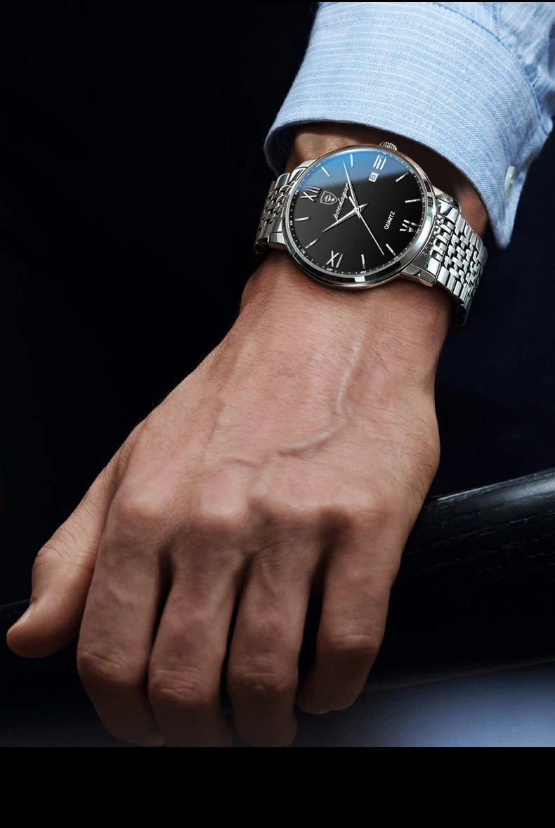 POEDAGAR, relojes de negocios de lujo para hombre, reloj de pulsera resistente al agua de acero inoxidable con fecha para hombre, reloj de pulsera de cuarzo Simple a la moda para hombre