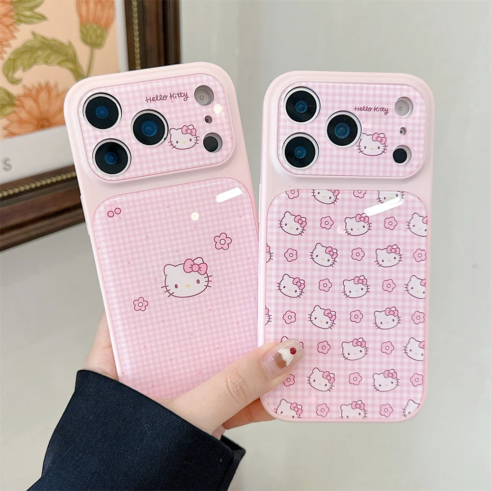 Funda Protectora Brillante con Diseño de Hello Kitty a Cuadros Rosados Estilo Coreano para iPhone 17, 16, 14, 13, 15 Pro, 17 Pro Max